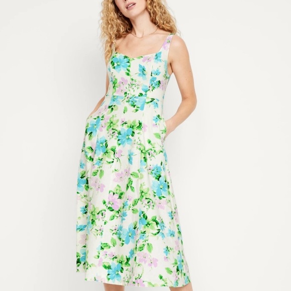 Fit & Flare Sleeveless Linen-Blend Midi Dress - Picture 1 of 8